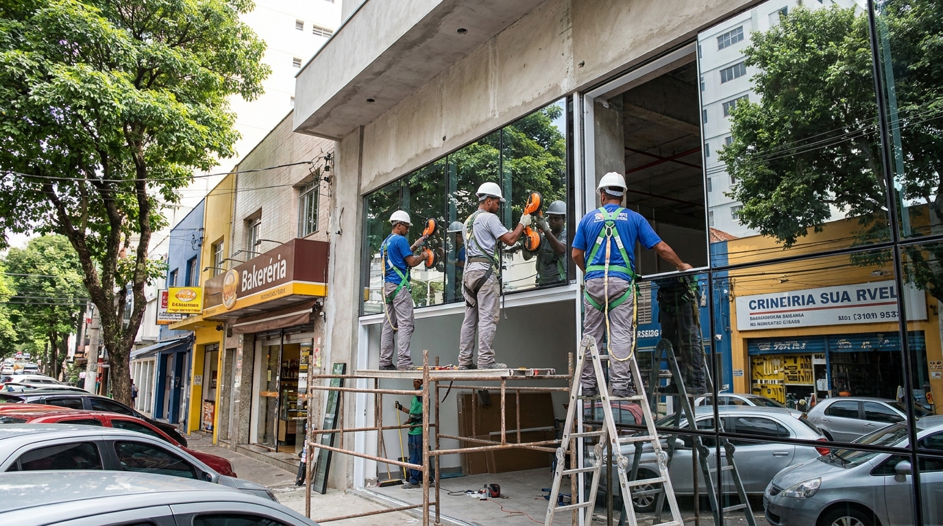 Fachada de vidro com confeitaria vizinha em Recife-PE