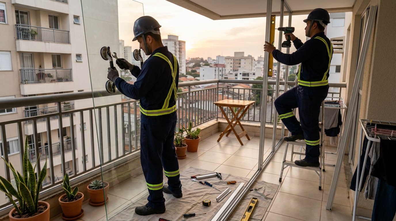 Instalação de parede de vidro em sacada em Recife-PE